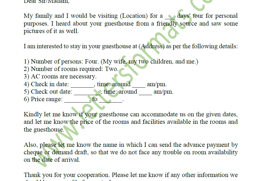 application letter for guest house booking